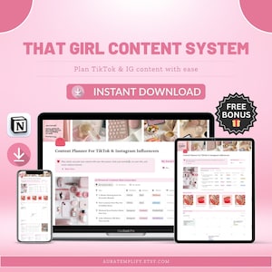 That Girl Content Planner Notion Template for TikTok & Instagram Influencers, Social Media Content Calendar, Aesthetic Creator System