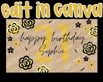 Plantilla de banner de cumpleaños / Banner editable de Canva / 35x60 / Tema dorado / Descarga digital
