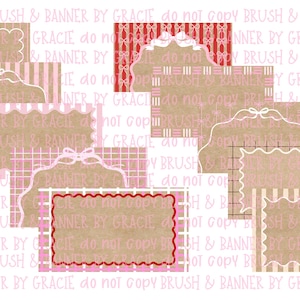 May include: A collection of decorative digital paper designs. The designs feature various rectangular shapes with scalloped, striped, and grid patterns. The color palette includes shades of pink, red, and tan, with white accents. The text "BRUSH & BANNER BY GRACIE" is repeated throughout.