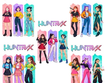 Pode incluir: Ilustração digital com nove figuras femininas estilizadas em várias roupas. Cada figura está em um fundo colorido, com a palavra "HUNTRAX" exibida acima. As figuras estão em poses dinâmicas, sugerindo um tema de moda ou entretenimento.