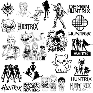Peut inclure: Ensemble d'illustrations en noir et blanc avec divers personnages, logos et textes. Les motifs comprennent des figures stylisées, un chat, un oiseau et les textes "HUNTRIX", "DEMON HUNTRIX", "KPOP DEMON HUNTERS", et "Skit Boys".