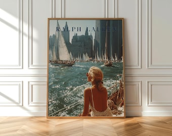 Ralph Lauren Sailboats Wall Art, Vintage Nautical Coastal Poster, Retro Yacht Print, Old Money Aesthetic Home Decor, Coastal Lifestyle