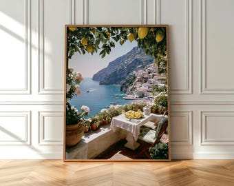 Stampa della Costiera Amalfitana, Terrazza sul mare italiana, Arredamento costiero mediterraneo vintage (Download digitale)