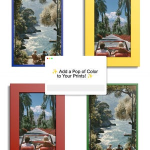 May include: Four rectangular picture frames in blue, yellow, red, and green, each containing a photographic print. The prints depict either a coastal Mediterranean scene with two people sitting or a convertible car driving down a palm-lined road.