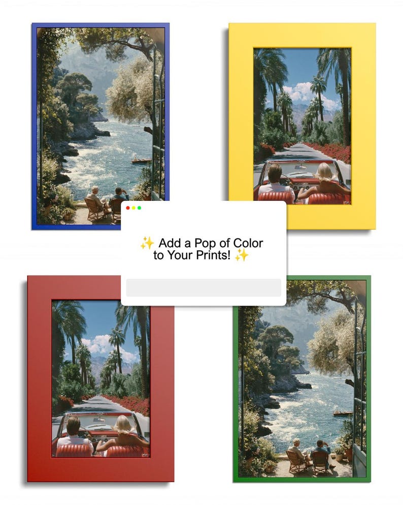 May include: Four rectangular picture frames in blue, yellow, red, and green, each containing a photographic print. The prints depict either a coastal Mediterranean scene with two people sitting or a convertible car driving down a palm-lined road.