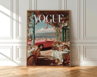 Vintage roze poster cabrio, print Amalfikust, Italië, slanke fotografie in Aarons-stijl, kunst aan de muur mediterrane zomer, decor oud geld