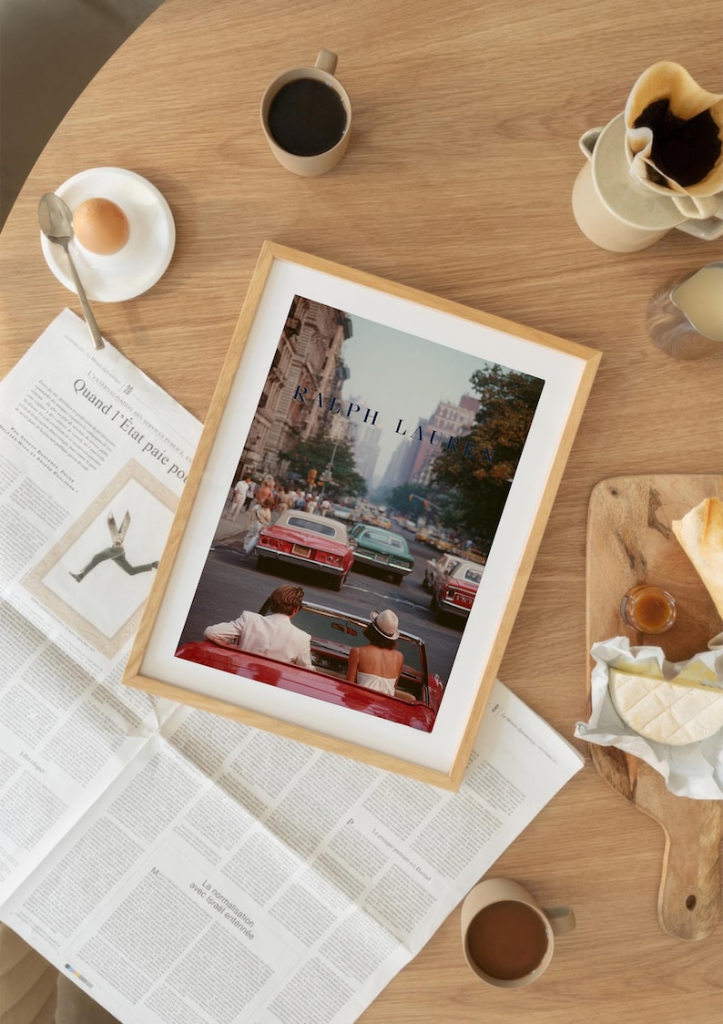 Vintage Ralph Lauren Style Poster, Old Money Wall Art, New York City Print, Luxury Decor, Red Convertible Car Art