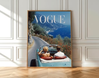 Vintage Amalfi Coast Couple Convertible Print, Italian Riviera Road Trip Wall Art