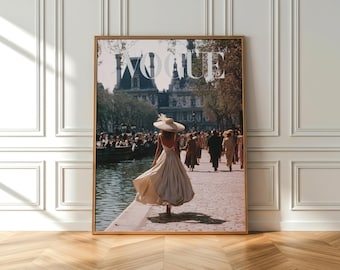 Paris Street Fashion Poster, Vintage Silk Dress, Seine River Wall Art, 1950s Elegance