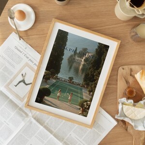 Vintage tennis court illustration with a retro aesthetic, featuring classic green and white tones, Ralph Lauren style preppy wall art for a sophisticated living room or home office decor.