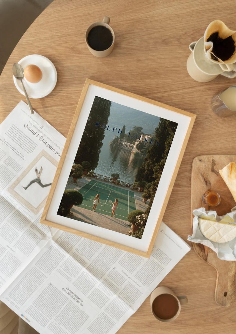 Vintage tennis court illustration with a retro aesthetic, featuring classic green and white tones, Ralph Lauren style preppy wall art for a sophisticated living room or home office decor.