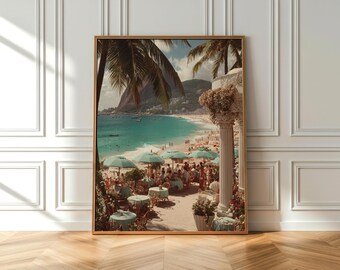 Vintage Beach Cafe Print, Vertical Coastal Seascape Wall Art