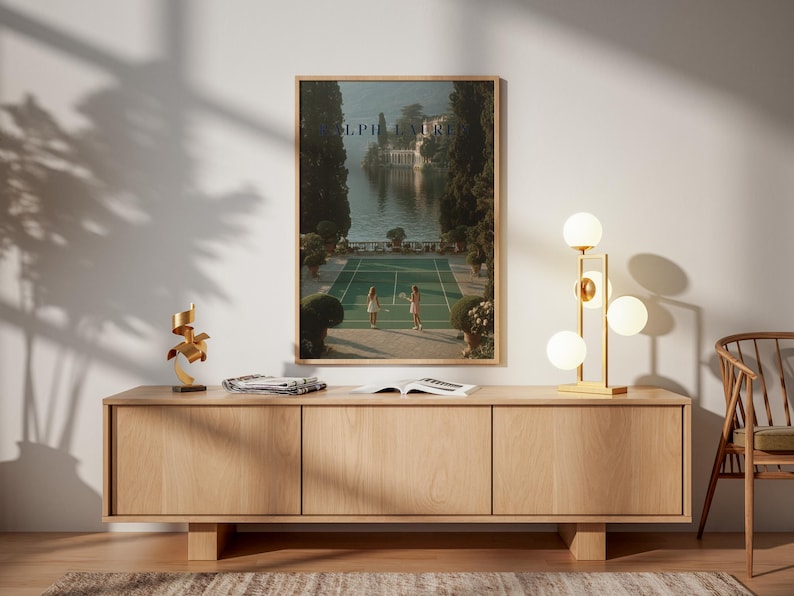 Vintage tennis court illustration with a retro aesthetic, featuring classic green and white tones, Ralph Lauren style preppy wall art for a sophisticated living room or home office decor.