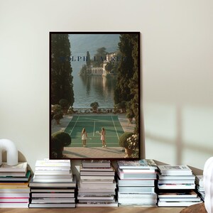 Vintage tennis court illustration with a retro aesthetic, featuring classic green and white tones, Ralph Lauren style preppy wall art for a sophisticated living room or home office decor.