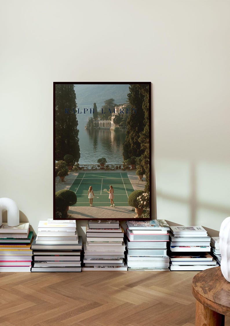 Vintage tennis court illustration with a retro aesthetic, featuring classic green and white tones, Ralph Lauren style preppy wall art for a sophisticated living room or home office decor.