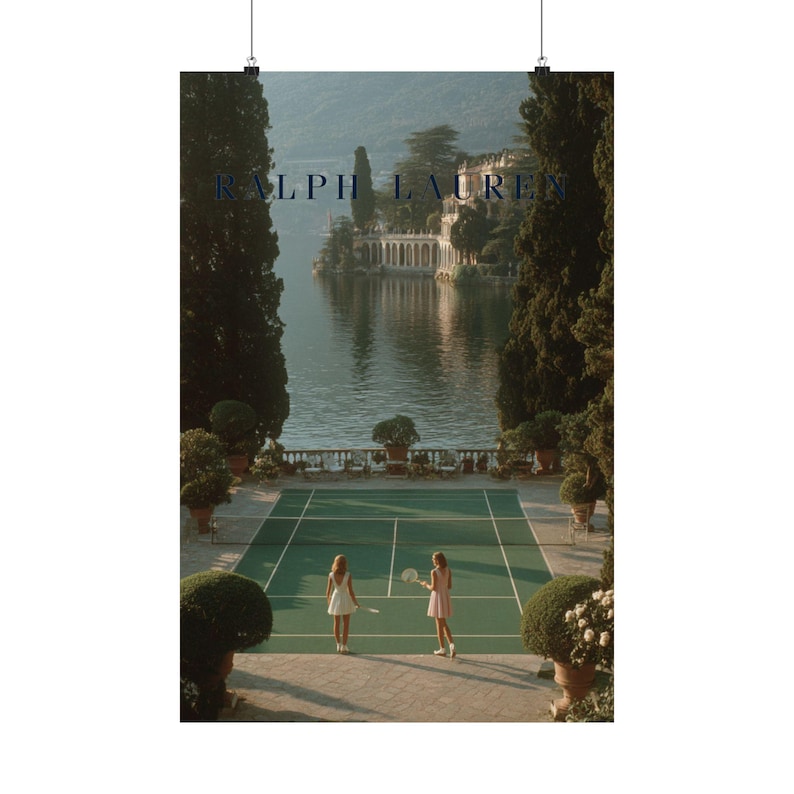 Vintage tennis court illustration with a retro aesthetic, featuring classic green and white tones, Ralph Lauren style preppy wall art for a sophisticated living room or home office decor.