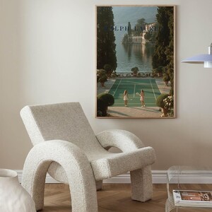 Vintage tennis court illustration with a retro aesthetic, featuring classic green and white tones, Ralph Lauren style preppy wall art for a sophisticated living room or home office decor.