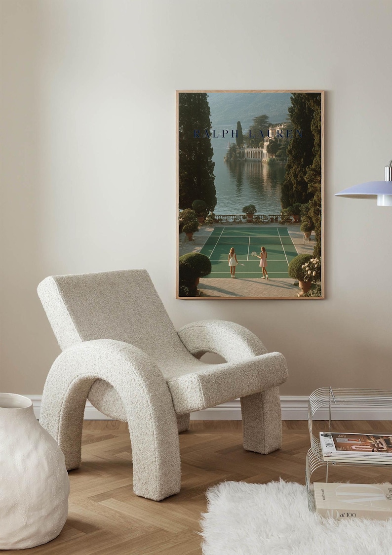 Vintage tennis court illustration with a retro aesthetic, featuring classic green and white tones, Ralph Lauren style preppy wall art for a sophisticated living room or home office decor.