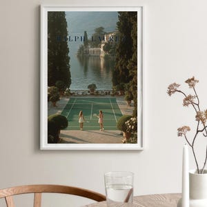 Vintage tennis court illustration with a retro aesthetic, featuring classic green and white tones, Ralph Lauren style preppy wall art for a sophisticated living room or home office decor.