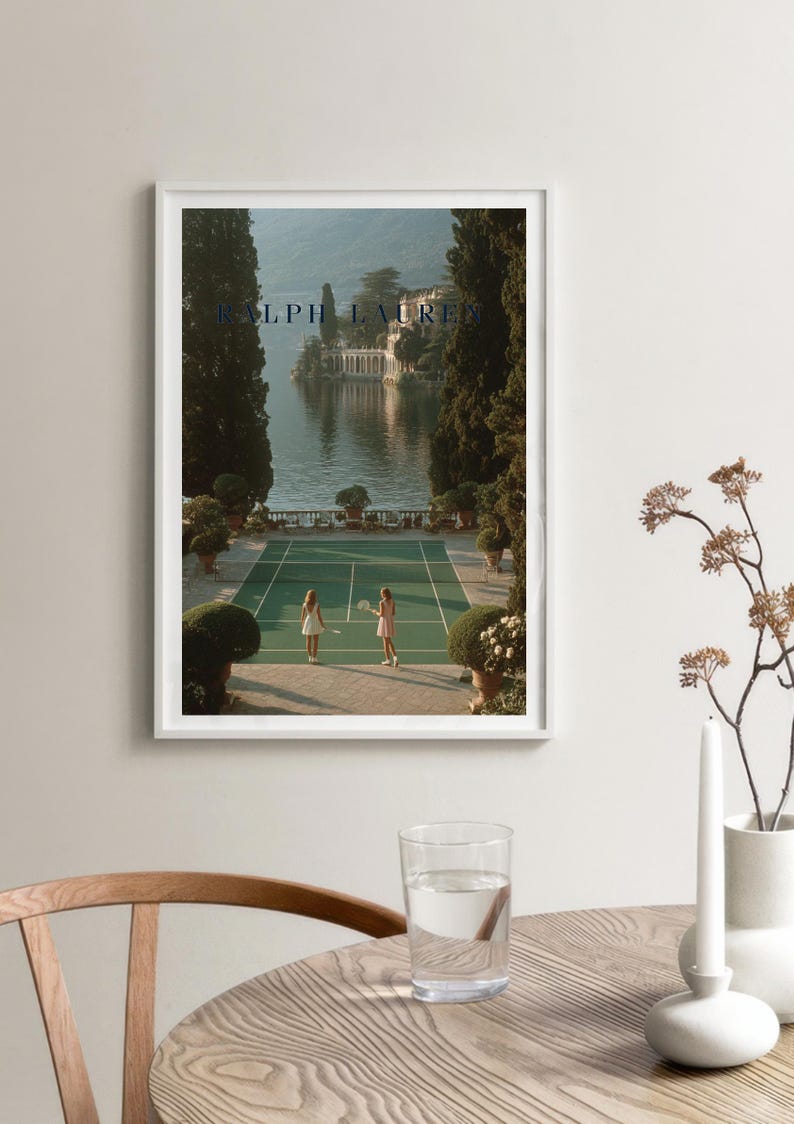 Vintage tennis court illustration with a retro aesthetic, featuring classic green and white tones, Ralph Lauren style preppy wall art for a sophisticated living room or home office decor.