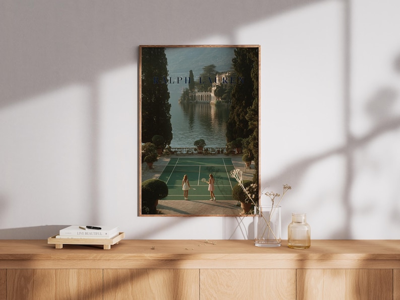 Vintage tennis court illustration with a retro aesthetic, featuring classic green and white tones, Ralph Lauren style preppy wall art for a sophisticated living room or home office decor.