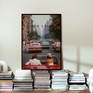 Vintage Ralph Lauren Style Poster, Old Money Wall Art, New York City Print, Luxury Decor, Red Convertible Car Art