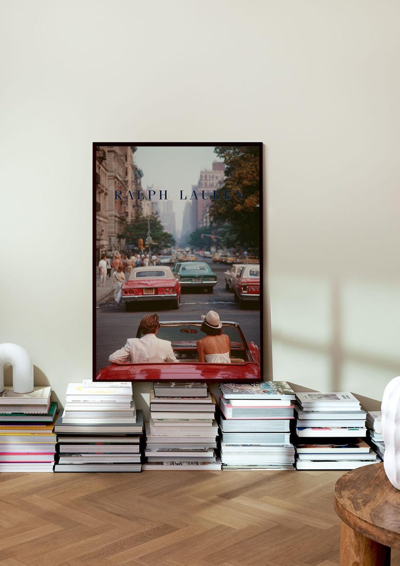 Vintage Ralph Lauren Style Poster, Old Money Wall Art, New York City Print, Luxury Decor, Red Convertible Car Art
