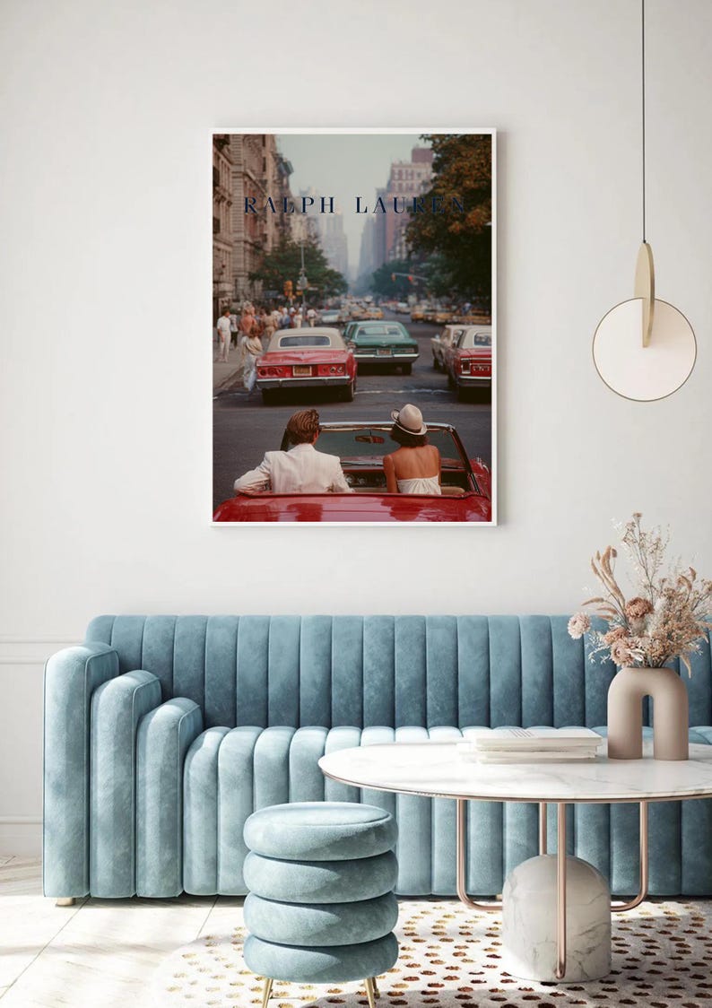 Vintage Ralph Lauren Style Poster, Old Money Wall Art, New York City Print, Luxury Decor, Red Convertible Car Art