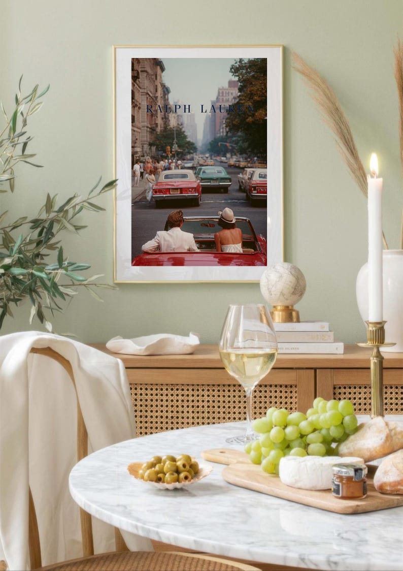 Vintage Ralph Lauren Style Poster, Old Money Wall Art, New York City Print, Luxury Decor, Red Convertible Car Art