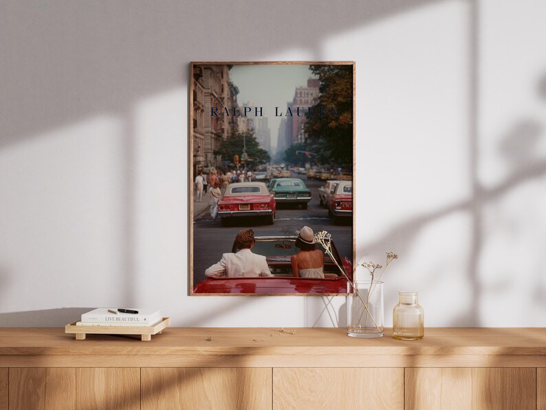 Vintage Ralph Lauren Style Poster, Old Money Wall Art, New York City Print, Luxury Decor, Red Convertible Car Art
