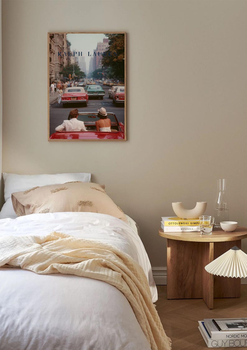 Vintage Ralph Lauren Style Poster, Old Money Wall Art, New York City Print, Luxury Decor, Red Convertible Car Art