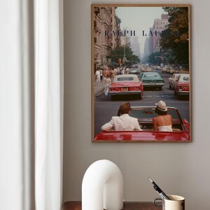 Vintage Ralph Lauren Style Poster, Old Money Wall Art, New York City Print, Luxury Decor, Red Convertible Car Art