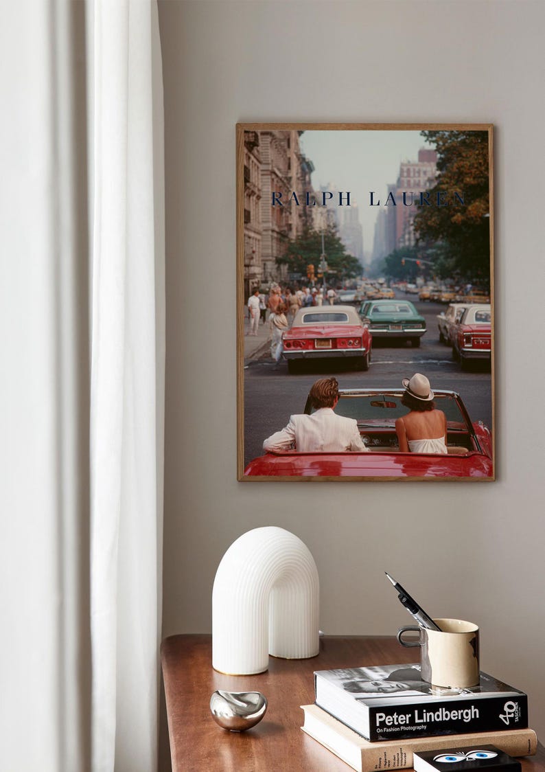 Vintage Ralph Lauren Style Poster, Old Money Wall Art, New York City Print, Luxury Decor, Red Convertible Car Art