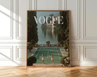 Retro print op tennisbaan aan het meer, vintage Italiaanse reisposter, luxe muurkunst, modeposter