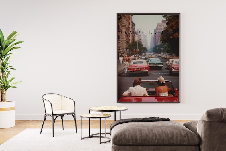 Vintage Ralph Lauren Style Poster, Old Money Wall Art, New York City Print, Luxury Decor, Red Convertible Car Art