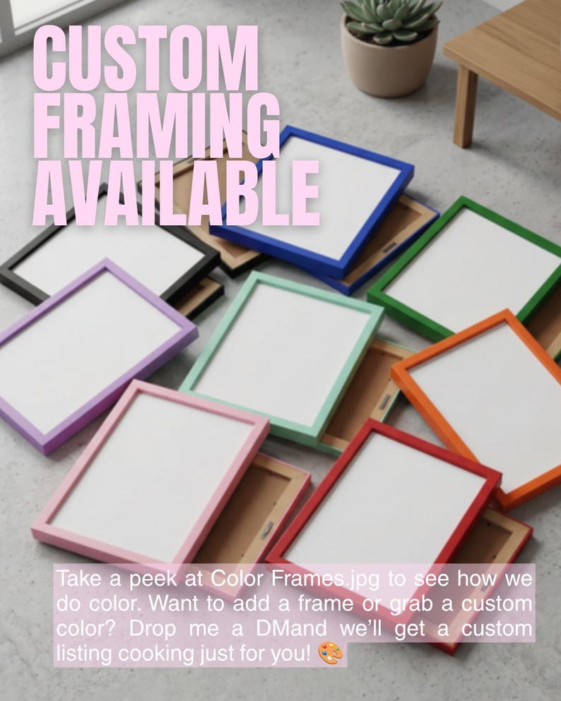 May include: A collection of rectangular picture frames in various solid colors including blue, green, orange, red, pink, lavender, mint, and black. Each frame features a white mat board insert and a brown backing. Text reads CUSTOM FRAMING AVAILABLE.