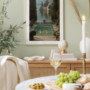 Vintage tennis court illustration with a retro aesthetic, featuring classic green and white tones, Ralph Lauren style preppy wall art for a sophisticated living room or home office decor.