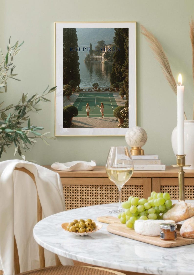 Vintage tennis court illustration with a retro aesthetic, featuring classic green and white tones, Ralph Lauren style preppy wall art for a sophisticated living room or home office decor.