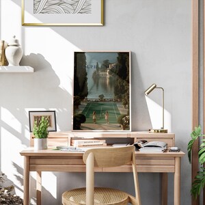 Vintage tennis court illustration with a retro aesthetic, featuring classic green and white tones, Ralph Lauren style preppy wall art for a sophisticated living room or home office decor.