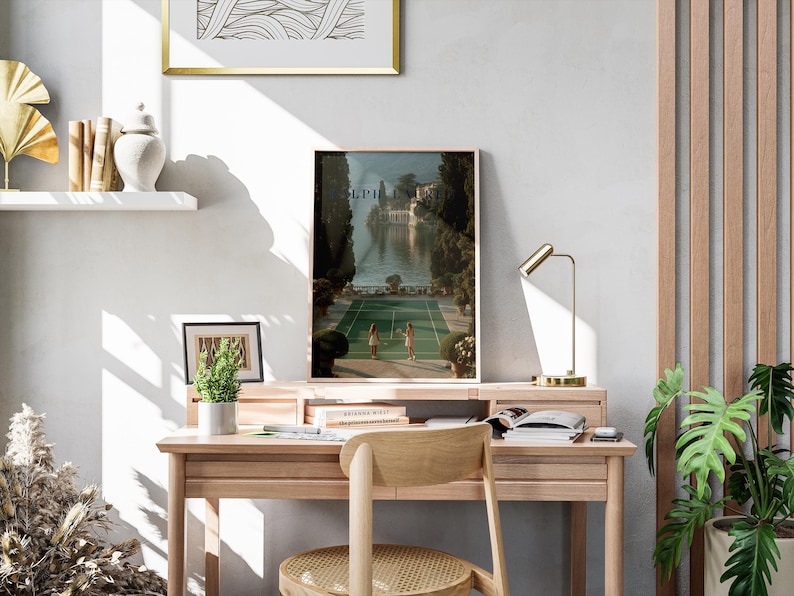 Vintage tennis court illustration with a retro aesthetic, featuring classic green and white tones, Ralph Lauren style preppy wall art for a sophisticated living room or home office decor.