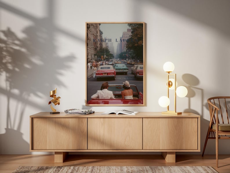 Vintage Ralph Lauren Style Poster, Old Money Wall Art, New York City Print, Luxury Decor, Red Convertible Car Art