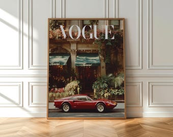 Digitale poster sportwagen, retro auto-muurkunst, vintage stadsstraatafdruk, klassieke autofotografie, cadeau voor autoliefhebbers