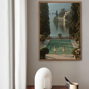 Vintage tennis court illustration with a retro aesthetic, featuring classic green and white tones, Ralph Lauren style preppy wall art for a sophisticated living room or home office decor.