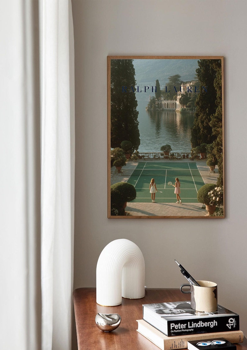 Vintage tennis court illustration with a retro aesthetic, featuring classic green and white tones, Ralph Lauren style preppy wall art for a sophisticated living room or home office decor.