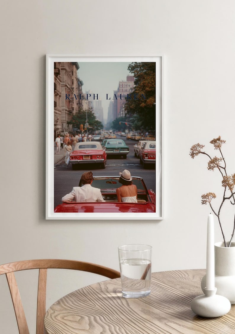 Vintage Ralph Lauren Style Poster, Old Money Wall Art, New York City Print, Luxury Decor, Red Convertible Car Art
