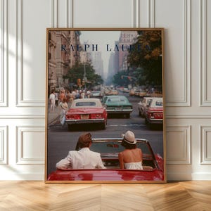 Vintage Ralph Lauren Style Poster, Old Money Wall Art, New York City Print, Luxury Decor, Red Convertible Car Art