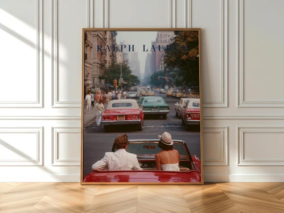Vintage Ralph Lauren Style Poster, Old Money NYC Red Convertible Car Art