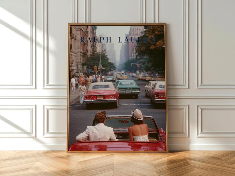 Vintage Ralph Lauren Style Poster, Old Money Wall Art, New York City Print, Luxury Decor, Red Convertible Car Art