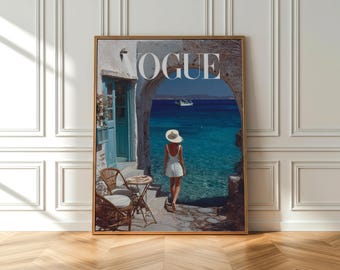 Greece Beach Archway Woman Print, Retro Coastal Summer Poster, Mediterranean Travel Decor
