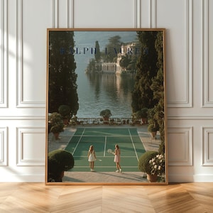 Vintage tennis court illustration with a retro aesthetic, featuring classic green and white tones, Ralph Lauren style preppy wall art for a sophisticated living room or home office decor.